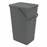 SUNDIS Loops, poubelle de tri sélectif d’intérieur 32L, rectangulaire, en plastique recyclé gris, avec couvercle, poignée, anse et stickers, pour cuisine, cantine, restaurant, salle de pause