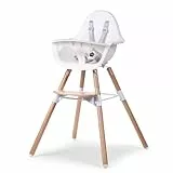 CHILDHOME, Chaise Haute Bébé/Enfant, Evolutive, Dès 6 mois, Réglable en Hauteur, Harnais 5 Points, Nombreux Accessoires, Compatible avec Transat Naissance Evolu, Bois de Hêtre, Evolu 2, Blanc