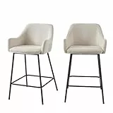 BAÏTA Lot de 2 tabourets de Bar NILS en Tissu Beige et Pieds en métal Noir