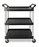 Rubbermaid Commercial Products FG342100PLAT Chariot de Service en Polyéthylène, 3 Étagères, avec Panneaux de Protection, Platine
