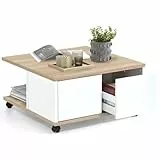 FMD furniture Table Basse Table de Salon Chêne/Blanc Brillant LxHxP Env. 70 X 70 X 36 Cm 2 Compartiments + 2 Tiroirs, sur roulettes