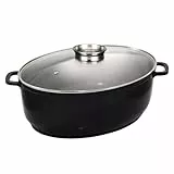Baumalu, Cocotte Ovale Jumbo en Fonte d'Aluminium Noir, 43 x 33 x 138 cm, Revêtement Anti-Adhérent, Couvercle en Verre avec Bouton 'Arome', Résistante au Four jusqu'à 240°C, Tous Feux et Induction
