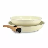 MENASTYL - Lot de 2 Poêles Amovibles Empilables 22 et 26 cm - Tous Feux Dont Induction - Revêtement Céramique Antiadhésif sans PFAS - Gamme Colorama - Couleur Crème - 98% Aluminium Recyclé