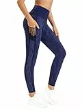 Flatik Legging de sport pour femme avec poches, opaque, extensible dans les quatre sens, bleu, pantalon de fitness, pantalon de sport, leggings de course XS-XL, Imprimé/bleu profond, L