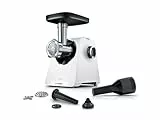 Bosch MFWS607W Hachoir à viande série 6 3,5 kg/min, 2 disques perforés (4,5 et 8 mm), 2 niveaux, retour, pousse-saucisses, embout kebbe, moteur 10 J, engrenage planétaire, blanc
