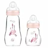 MAM Baby Biberons en Verre Lot de 2 Feel Good dès la Naissance 170 ml & 260 ml, Biberon en Verre, Rose