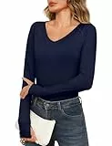 Wayleb Haut Thermique Femme Col en V à Manches Longues avec Trous pour Les Pouces Basic Tee Shirt Léger Slim Fit sous-vêtement Thermique pour Hiver Automne