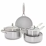 GreenPan Venice Pro Tri-Ply Acier Inoxydable Céramique Saine Antiadhésive Ensemble de Poêles et Casseroles 7 Pièces, Sans PFAS, à Induction, Lavable au Lave-Vaisselle, Va au Four, Argenté