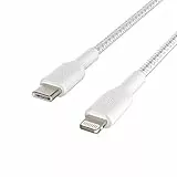 Belkin Câble USB-C vers Lightning à gaine tressée (câble de recharge rapide pour iPhone 14 et modèles antérieurs; câble Boost Charge USB-C certifié MFi ; 1 m, blanc)