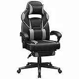 SONGMICS Fauteuil de Bureau, Chaise Gaming, RÉglable, Repose-pieds TÉlescopique, MÉcanisme À Bascule, Appui-tÊte, Support Lombaire, Charge 150 kg, Noir d'Encre et Gris Tourterelle OBG073B03