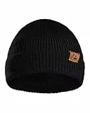 DANISH ENDURANCE Bonnet en Laine Mérinos Chaud Doublé Polaire pour l'Automne et l'hiver, pour Hommes et Femmes, Bonnets Thermiques, Noir, One Size