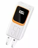 Power Bank de 50000 mAh avec câble intégré : Batterie Externe de Charge Rapide de 22,5 W avec Grande capacité, Chargeur Portable avec Lampe de Poche LED et 7 Sorties et 3 entrées-Blanc