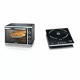 SEVERIN Mini-Four à chaleur tournante 42 L avec pierre à pizza et tournebroche, Four posable 1 800 W & Plaque à induction 2 000 W, Plaque de cuisine simple pour une cuisson rapide des aliments