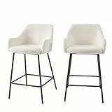 BAÏTA Lot de 2 tabourets de Bar NILS en Tissu Bouclette Blanc et Pieds en métal Noir