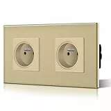 BSEED Prise Murale Prises de courant Alternatif 2 Gang Cadre en Verre Trempé Norme Française 16 Amp 240V 157mm Or