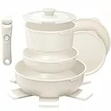 YASHE Batterie de Cuisine 9 Pièces, Set de Casseroles et Poêles Antiadhésives, Compatible Tous Feux dont Induction, Poignées Amovibles, Passe au Four, Design Empilable et Gain de Place, Blanc