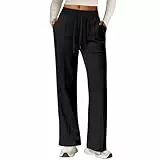 Lishang Pantalon Jogging Femme Large avec Poche Pantalons de Sport Femme Pantalon Décontracté Droit Élastique Taille Haute pour Running Fitness Training Noir M