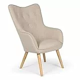 Chaise/Fauteuil Scandinave Beige Capitonné | Assise Confortable en Tissu et Pieds en Bois | Modèle Klarys | L67 x P75 x H100 cm
