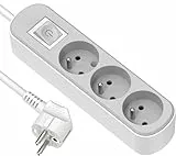 Electraline 32020 Bloc Multiprise Prima 3 Prises 16A avec Interrupteur, Câble H05VV-F Section 3G1.5mm² Longueur 3M, Blanc/Gris