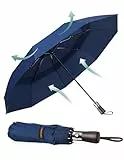 TECKNET Parapluie Pliant Automatique Compact, Parapluie Solide Homme de Voyage, Revêtement en Téflon 210T, Anti-Tempête, Double Toit Coupe-Vent Ventilé, Poignée en Bois Véritable, Bleu