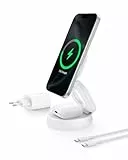 Belkin Chargeur sans Fil 2-en-1 (15W) Station de Charge Compatible MagSafe, certifié Qi2, Chargeur Induction pour iPhone 16, 15 et AirPods, Base antidérapante, Adaptateur Secteur 30 W Inclus, Blanc