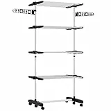 HOMCOM Séchoir à Linge Pliable étendoir Linge intérieur et extérieur seche Linge etendoir réglable en Acier Inoxydable à 4 Niveaux avec 2 Ailes latérales et 6 roulettes 142 x 55 x 172 cm Noir
