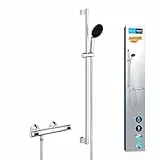 GROHE Precision Flow Mitigeur Thermostatique Douche, Ensemble de Douche 1 jet avec barre 90cm, Economie d'eau, A coller avec GROHE QuickGlue ou à visser, Chromé, 34805001