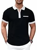 NLAND Polo Homme Manches Courtes col Zippé Casual Sport T-Shirt Polos Col Contrasté Basicd'été T-Shirt Tops avec Poche,Noir XL
