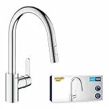 GROHE Robinet de cuisine évier Get, Robinet avec douchette extractible, Bec en forme de U, Inverseur 2 jets, Installation et nettoyage facile, Supersteel, 31484001 (Import Allemagne)