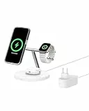 Belkin BoostCharge Station de Recharge 3-en-1 avec Qi2, Chargeur MagSafe Compatible pour Les modèles de l'iPhone 17, iPhone Air, Apple Watch, AirPods, Pixelsnap, Adaptateur Inclus - Blanc