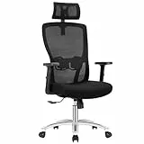 Durrafy Chaise de bureau ergonomique réglable en hauteur - Chaise pivotante avec support lombaire réglable et appui-tête - Fonction couchage de 90 ° à 130 ° - Charge maximale : 150 kg - Noir