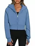 Timuspo Sweat à capuche court pour femme - Avec fermeture éclair - Doublure en polaire - Fermeture éclair - Automne et hiver, bleu, M