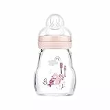 MAM Feel Good Gourde en verre pour bébé 170 ml - Bouteille de lait avec ouverture large - Gourde stable avec tétine - Taille 1 - dès la naissance - Écureuil/oiseau