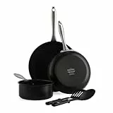 GreenPan Lima Midnight Ensemble Antiadhésif en Céramique Saine Anodisée, 5 pièces, comprenant Poêle, Casserole et Ustensiles en Nylon, Sans PFAS, Convient à l'induction, Va au four, Noir