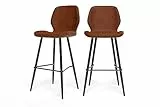 BAÏTA Lot de 2 tabourets Ethan en PU Cognac et Pieds en métal Noir