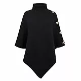 JFAN Poncho Femme Pull en Tricot à col Montant Quatre Boutons Élégant Ponchos et Capes Noir