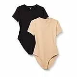 Amazon Essentials Body t-Shirt Coupe Slim en Jersey de Coton Extensible Femme, Lot de 2, Fauve Clair/Noir, L