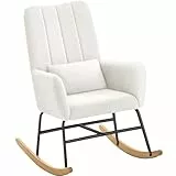 SONGMICS HOME Fauteuil à Bascule, avec Accoudoirs, Surface en Tissu Peluche, Structure en Acier, Pieds en Bois d’Hévéa, Capacité de Charge 136 kg, pour Chambre, Salon, Blanc Crème LYY500W01