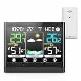 jely Station Météo sans Fil avec Capteur, Station Meteo avec Écran Tactile LCD VA, Thermomètre Hygromètre Interieur Exterieur avec Prévisions Météo, Heure, Date, Réveil, Phase de Lune
