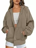 Timuspo Sweat à capuche zippé pour femme - Manches longues - Veste de survêtement - Fermeture éclair - Polaire - Couleur unie - Veste d'automne Y2k, marron clair, XL