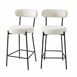 BAÏTA Lot de 2 tabourets de Bar NOA en Tissu Bouclette Blanc et Pieds en métal Noir