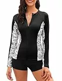 Tuopuda Haut de Maillot de Bain Femme à Manches Longues Tee Shirt Anti UV Rashguard UPF 50+ Rash Guard Cache-Maillots Fermeture Éclair Séchage Rapide Natation Surfing, Noir-A, XL