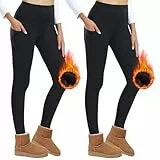 AMIYOYO Lot de 2 Leggings Thermiques Femme Taille Haute avec Poches - Doublés en Polaire, Opaques, Chauds - Noir x 2, S-M