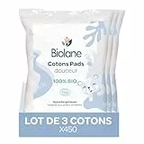 BIOLANE - Lot de 3 Cotons pads douceur - Bébé - 100% Bio - 150 Cotons - Peaux sensibles - Change & Toilette - Dès la naissance - Fabriqués en France