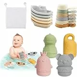 Mailfull Jouet de Bain pour Bebe 15 Pièces Jouets Bain Bébé à Presser Sensoriels avec Bateaux Empilables et Cuillère Filet de Rangement Idéal dès 6 Mois 1-3 Ans