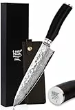 YOUSUNLONG Couteaux de chef Gyuto 8 pouces japonais martelé en acier damas manche en bois de plomb naturel avec étui en cuir