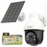 AOSU 3K Caméra Surveillance WiFi Exterieure sans Fil, 5MP Camera Exterieur Solaire, 360° PTZ Suivi Automatique, Détection IA Personne/Véhicule, Vision Nocturne Couleurs Alarme Lumineuse & Sonore