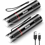 Blukar Lampe Torche LED Rechargeable, [Lot de 2] Lampe de Poche Tactique LED Ultra Puissante, 4 Modes d'éclairage, Zoomable pour Enfant Cadeau/Camping/Randonnée/Urgence/Coupure de Courant