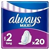 Always Maxi Serviettes Hygiéniques, Taille 2, Long, 20 Serviettes Avec Ailettes, Flux Très Abondants Jour, Cœur Ultra Absorbant et Barrières Anti-Fuites