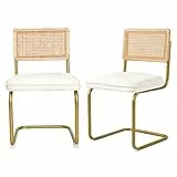 CangLong Lot de 2 chaises de salle à manger, élégante chaise de cuisine à dossier en osier avec pieds en métal doré, chaises confortables avec coussins molletonnés pour salon, salle à manger, beige